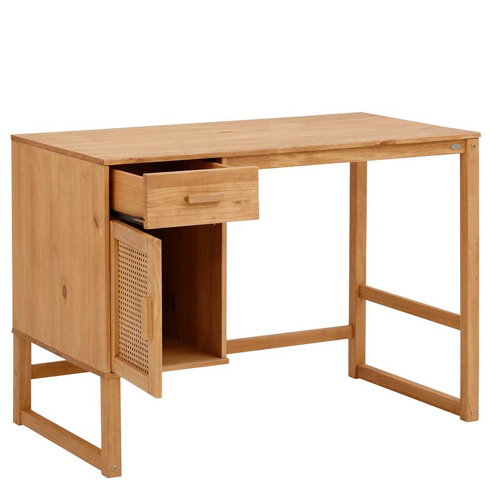 Schreibtisch Hainan aus Kiefer Massivholz und Rattan