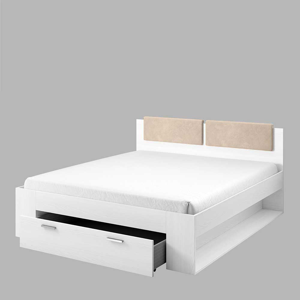 140 cm Bett Perlina in Holzoptik Esche Weiß mit Stauraum