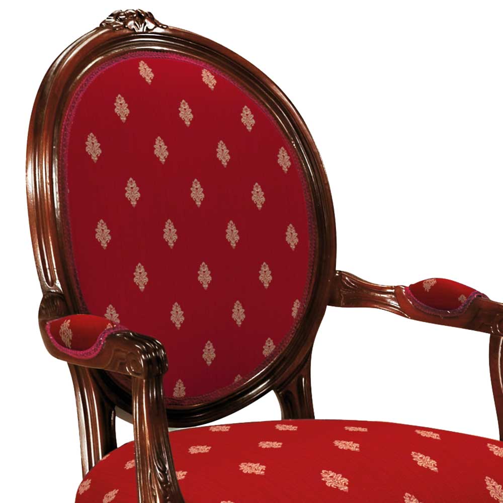 Esszimmerarmlehnstuhl Casai in Rot und Nussbaumfarben mit Medaillon Rückenlehne