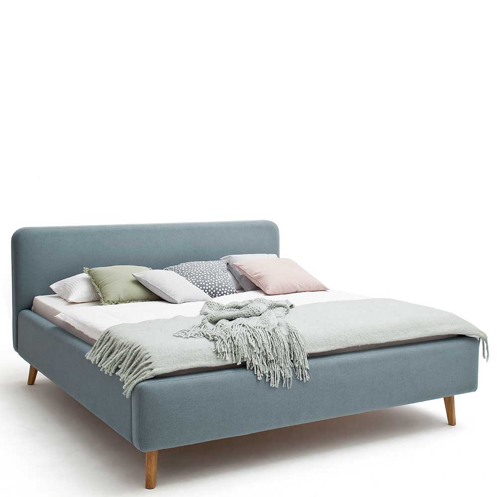 Gepolstertes Bett Abruzzias in Hellblau Webstoff mit 50 cm Einstiegshöhe