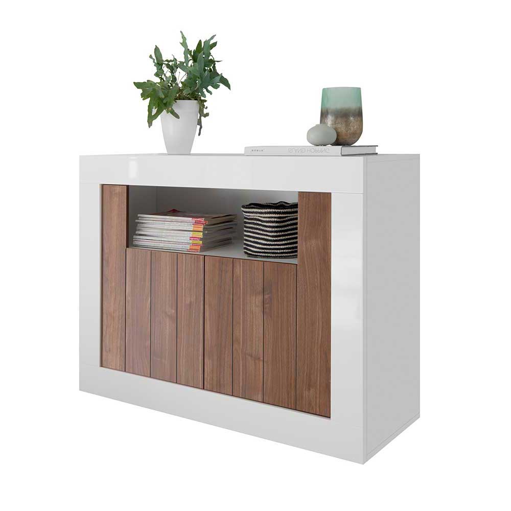 Design Sideboard Tias in Nussbaumfarben und Weiß Hochglanz 110 cm breit