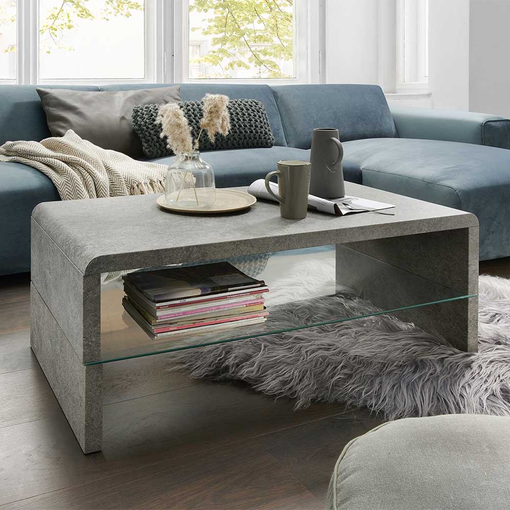 Grauer Wohnzimmer Tisch Ublin in Stein Optik mit Glasablage