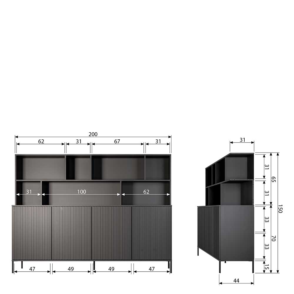 Schwarzer Wohnzimmer Schrank Gulvrano im Skandi Design 200 cm breit