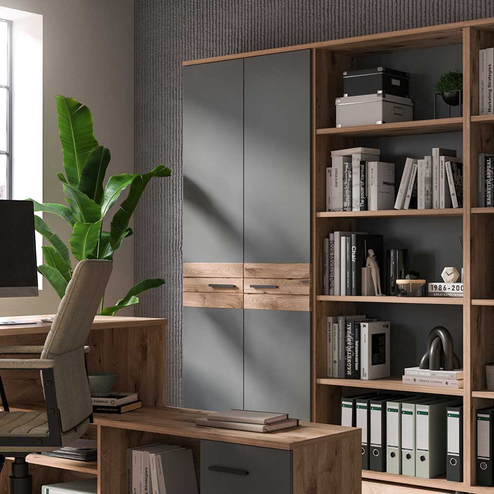 Moderner Büroschrank Plestna in Grau und Wildeichefarben
