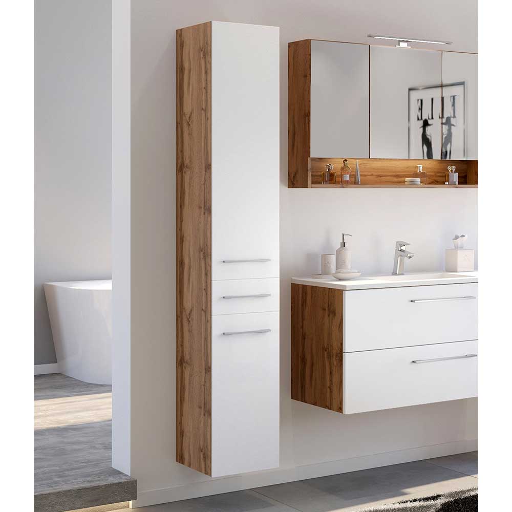 Badezimmer Seitenschrank Vidorella in Weiß und Wildeiche Optik 30 cm breit