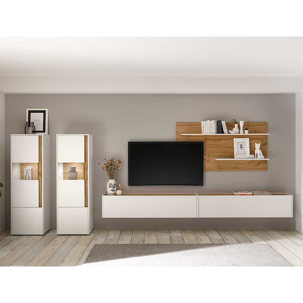Wohnzimmer Anbauwand Rascian in Weiß und Wildeichefarben mit TV Platz (fünfteilig)