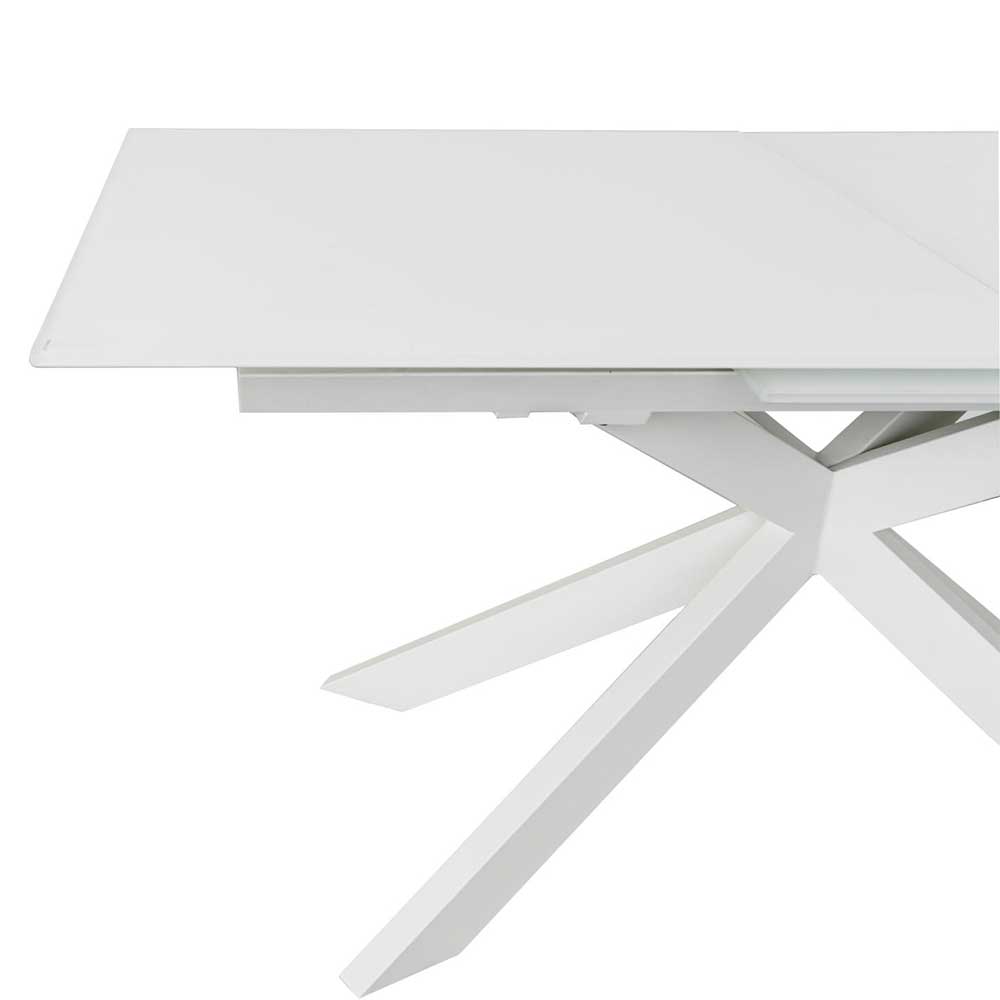 Weißer Esszimmer Tisch Lavine mit Glasplatte und Metallgestell ausziehbar