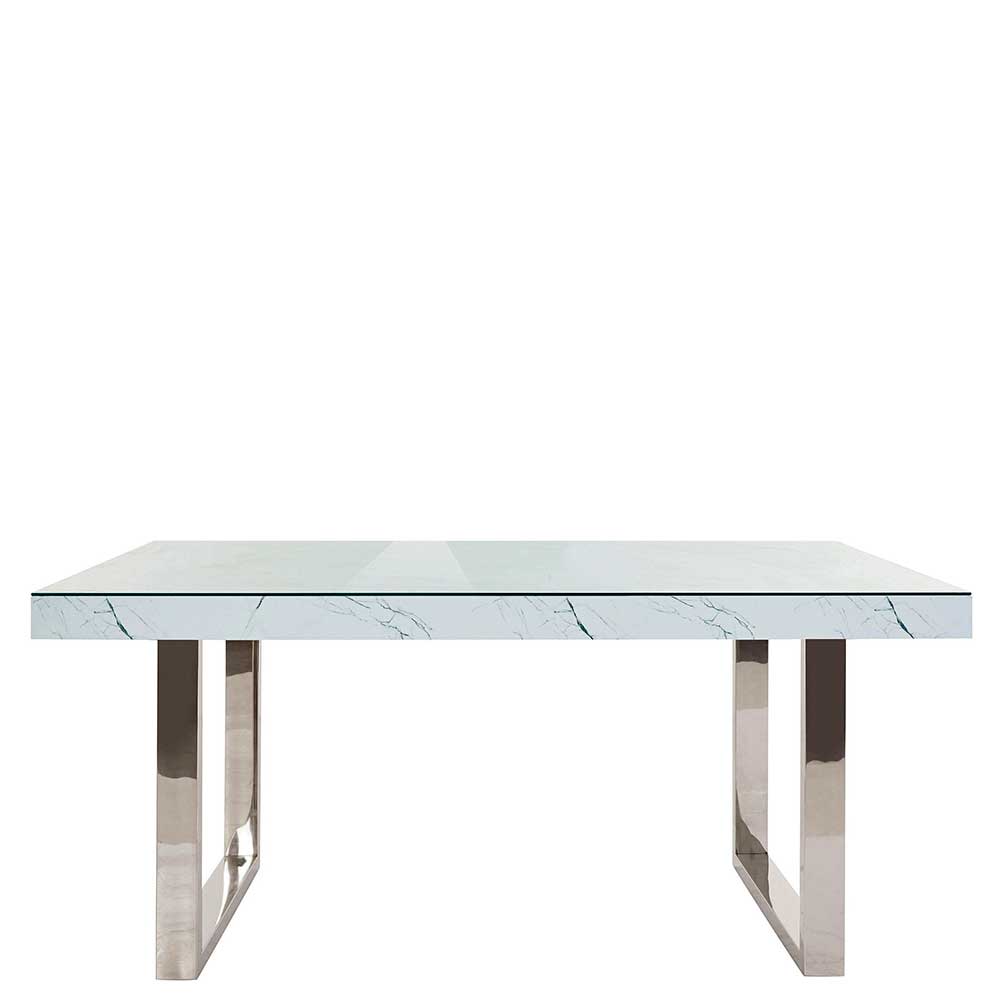 Moderner Esszimmer Tisch Rovico in Marmor Optik Weiß und Chromfarben