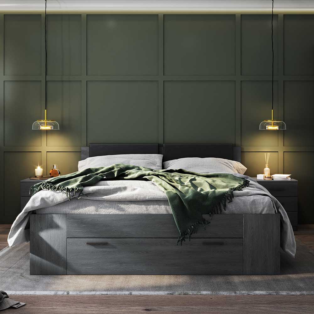 Moderne Schlafzimmer Möbel Culagan in Eiche Grau mit Bettschublade (vierteilig)