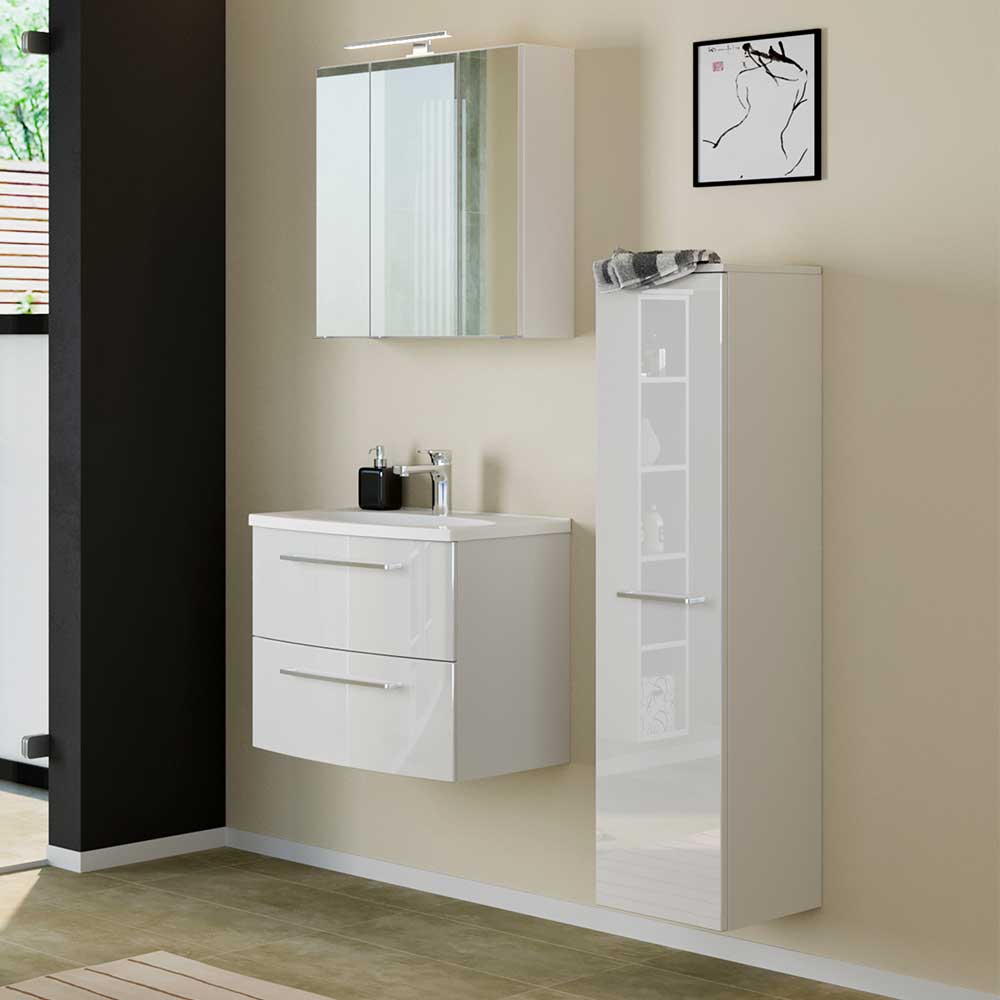 Hochglanz Badezimmer Set Lavisma in Weiß 90 cm breit (dreiteilig)