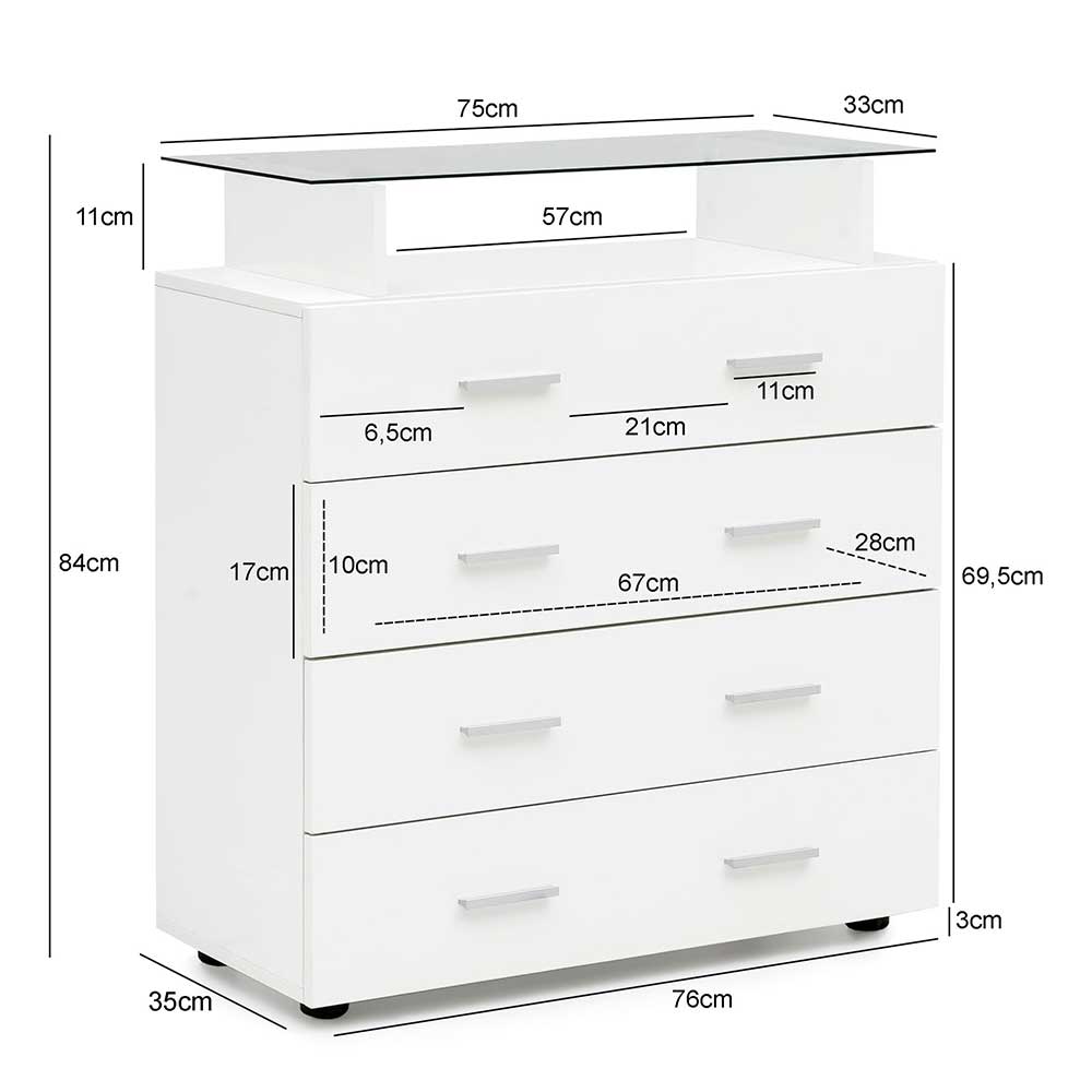 Wäschekommode mit Ablage Salverna in Weiß Hochglanz mit vier Schubladen