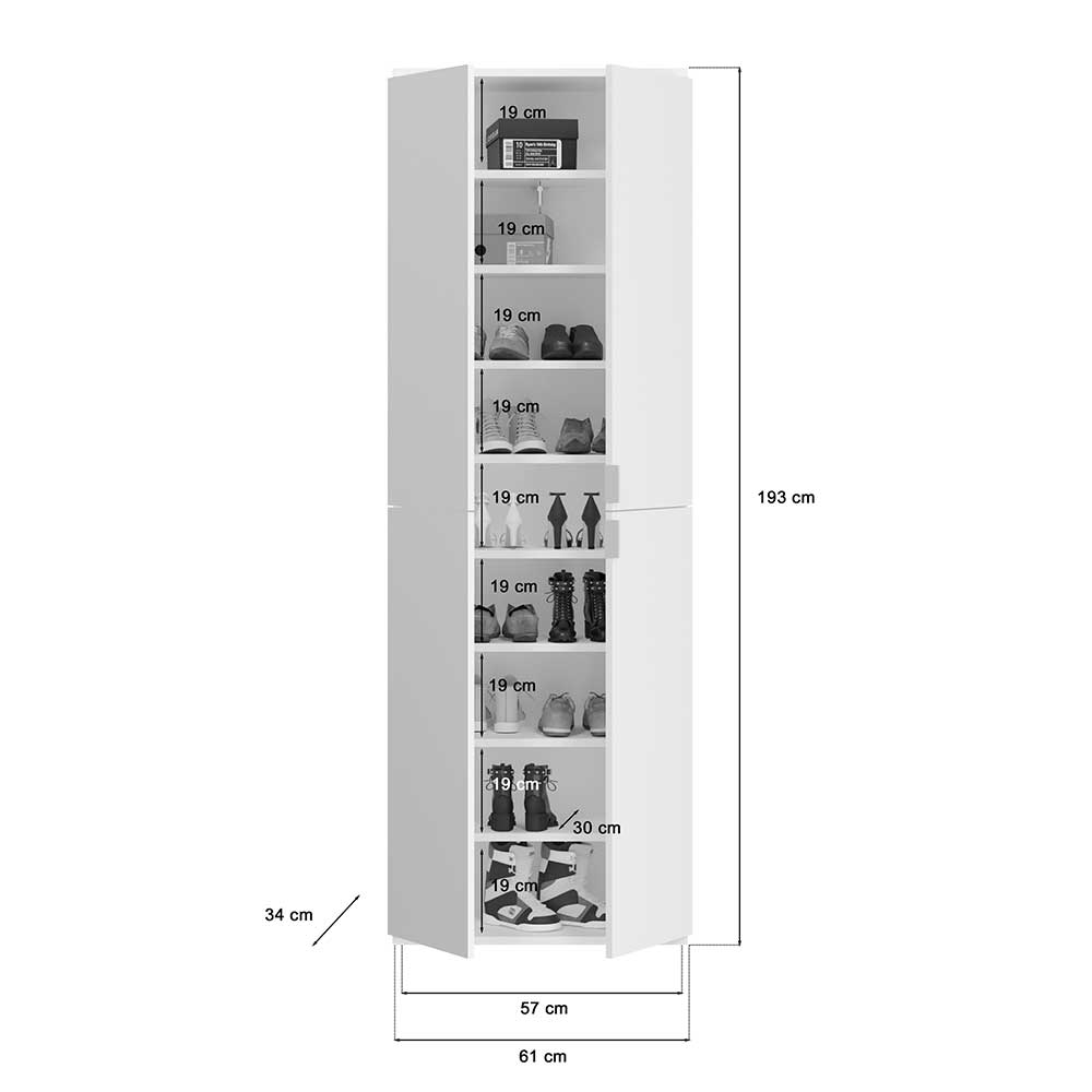 Modul Kleiderschrank Ridonner in Weiß Hochglanz mit Spiegeltüren (vierteilig)