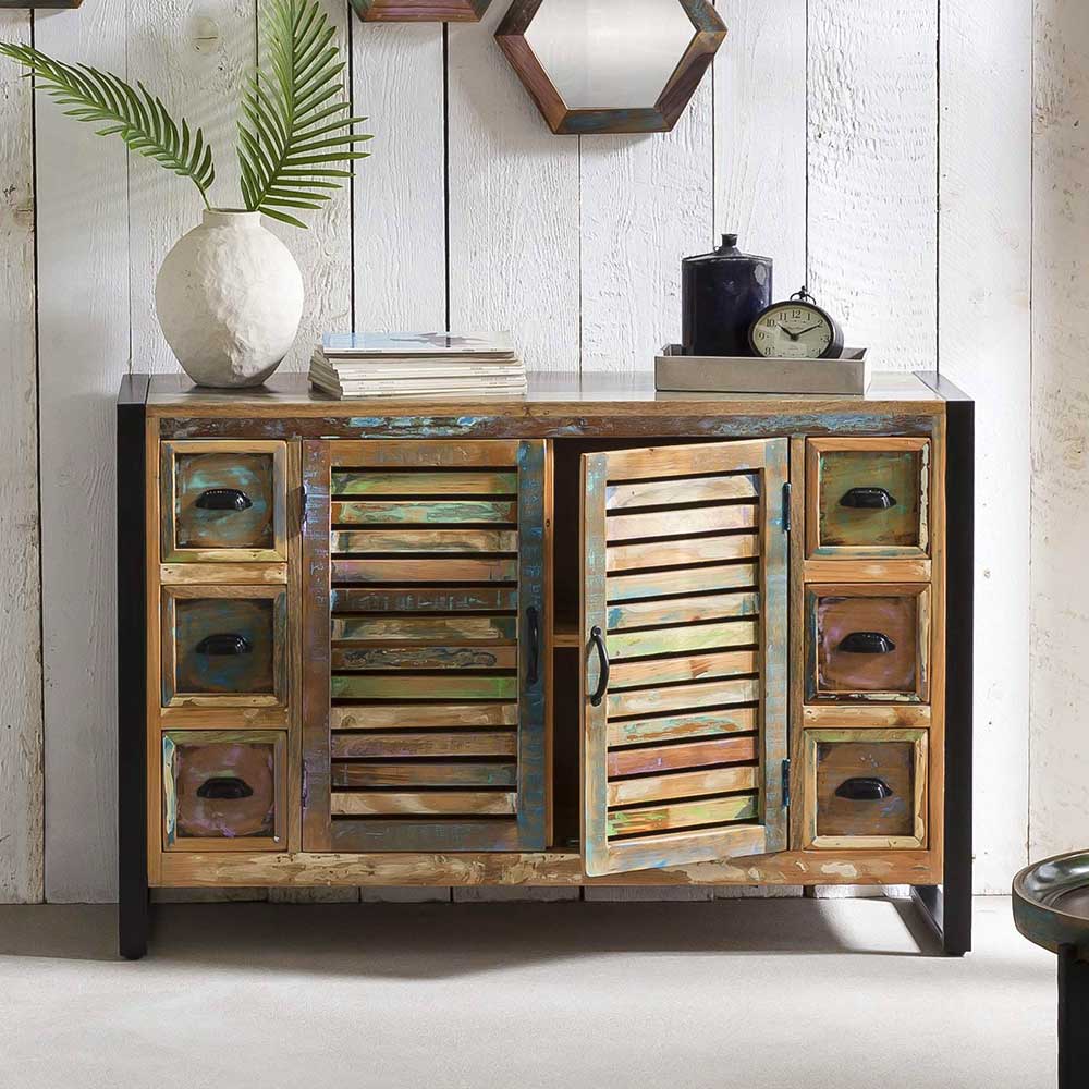 Shabby Chic Sideboard Cranadia in Bunt lackiert aus Recyclingholz und Metall