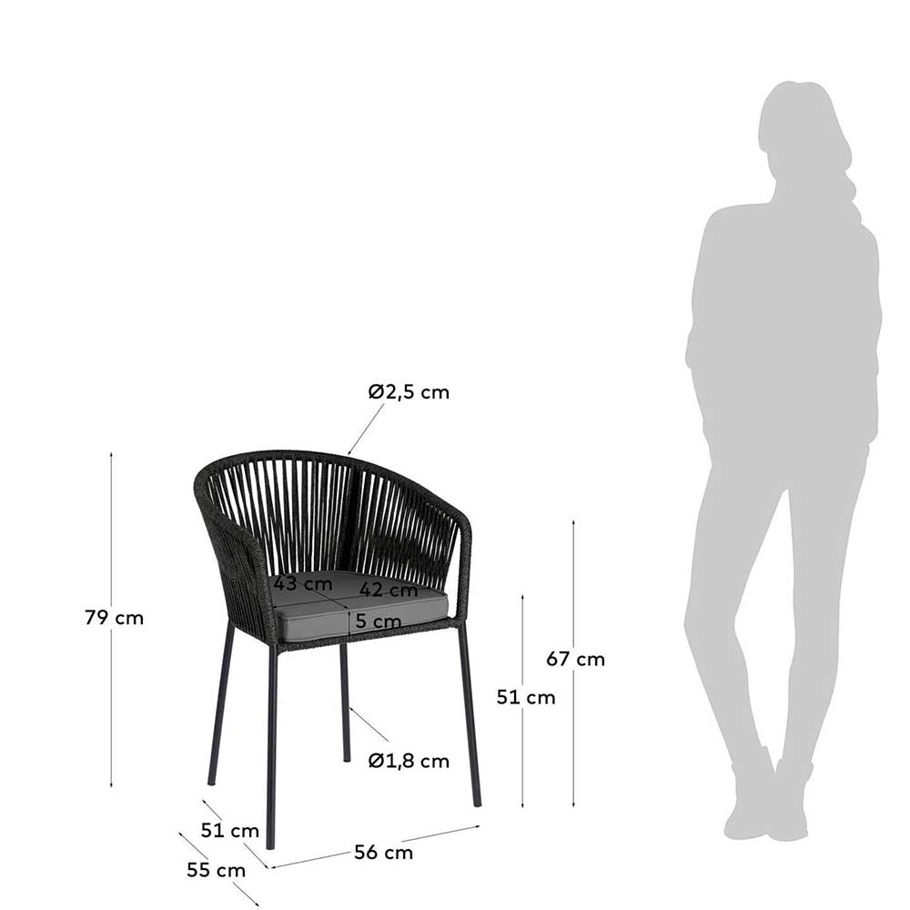 In- und Outdoor Stühle Ebonia aus Kordel Geflecht und Stahl mit Polstern (4er Set)