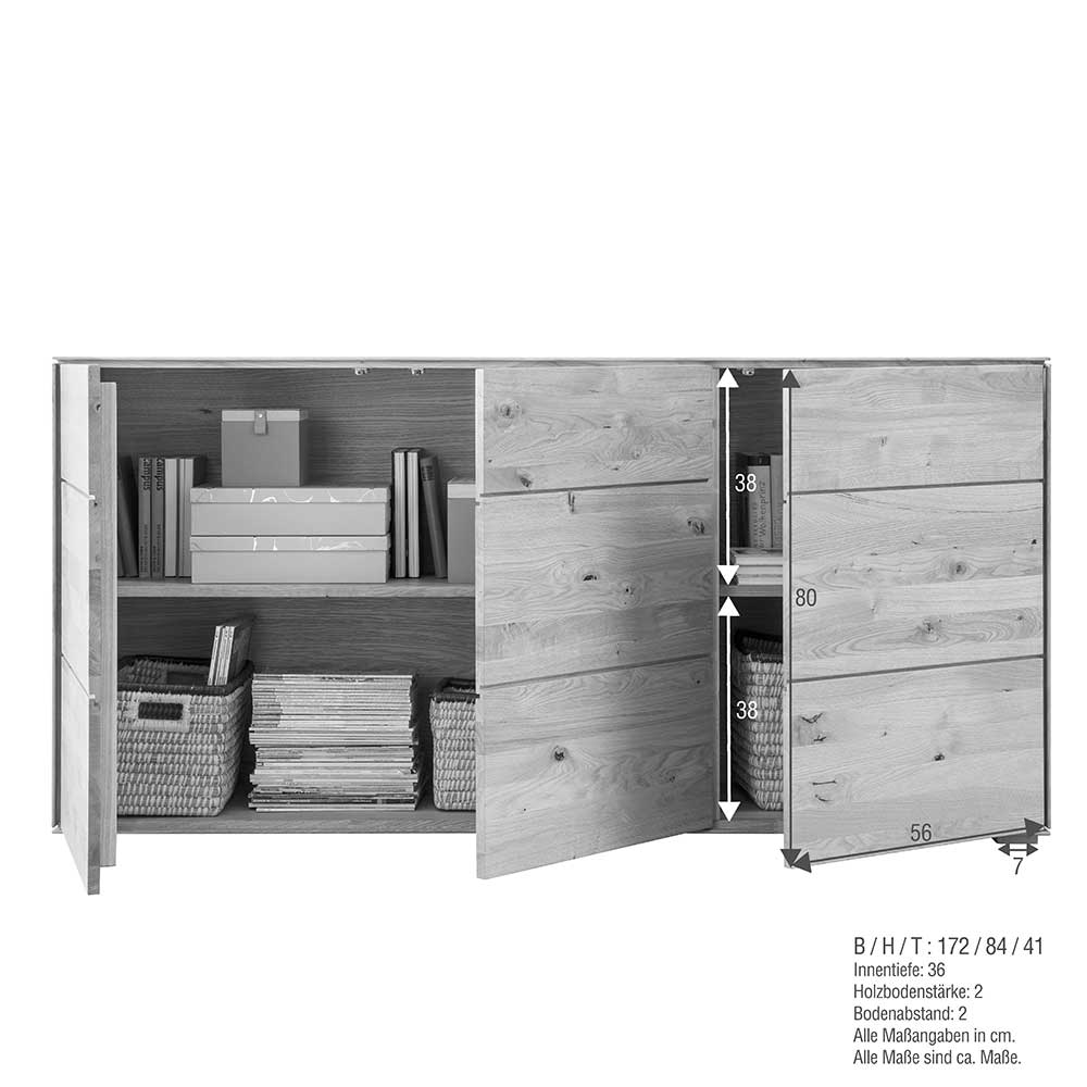 Echtholz Sideboard Rennia aus Wildeiche Massivholz 172 cm breit