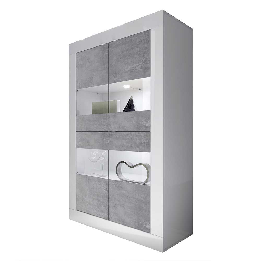 Moderne Design Wohnwand Endion in Beton Grau und Weiß Hochglanz (dreiteilig)