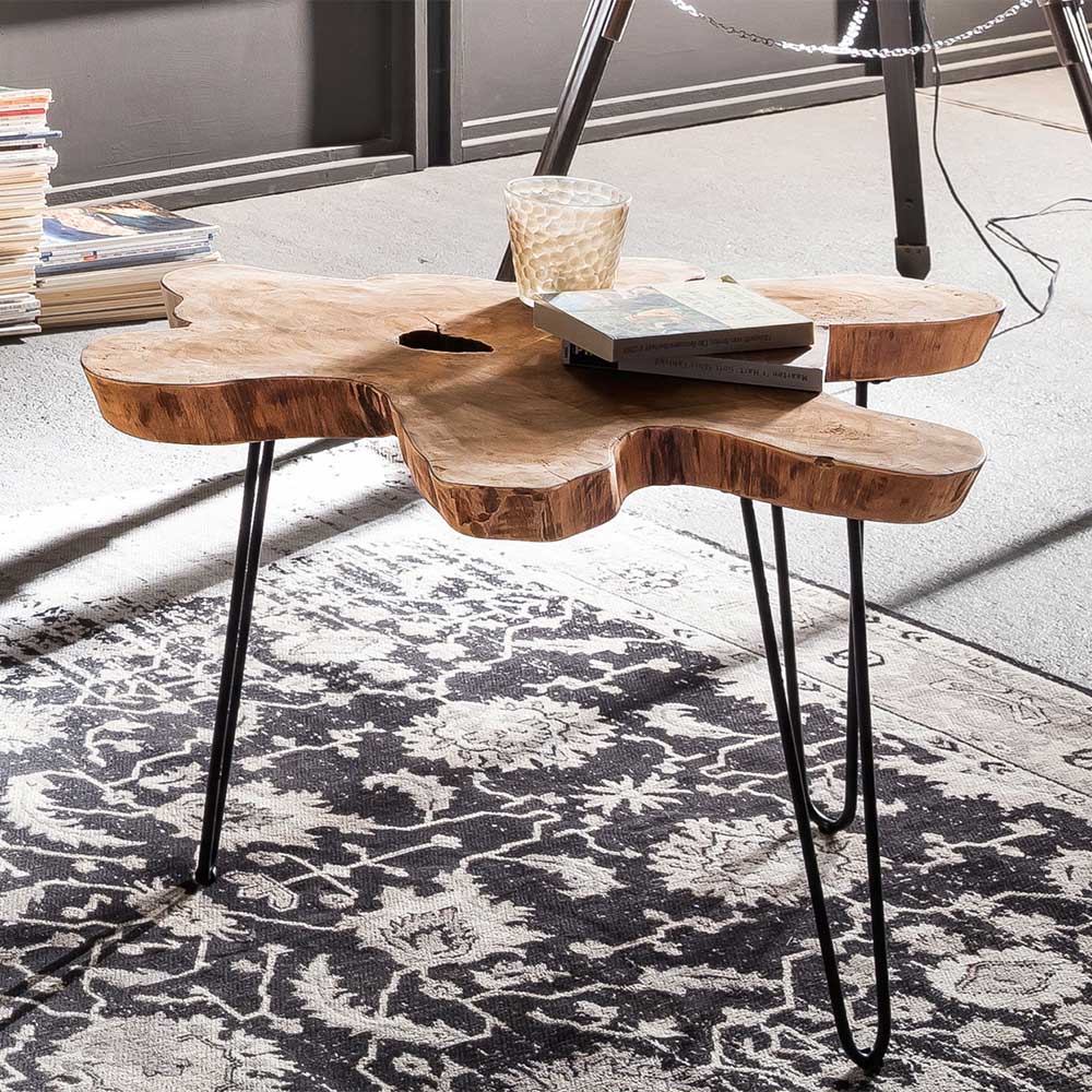 Couch Designtisch Koropi mit Baumscheiben Platte und 3-Fußgestell aus Metall