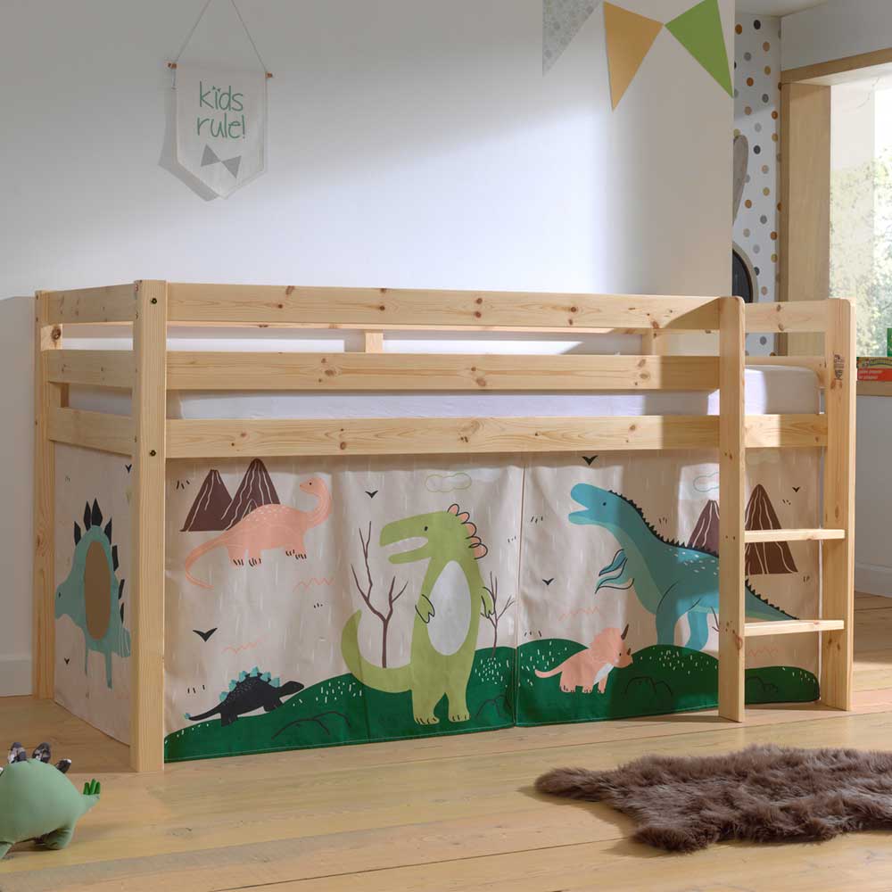 Kinder Hochbett mit Vorhang Sestranco aus Kiefer Massivholz mit Dino Motiv