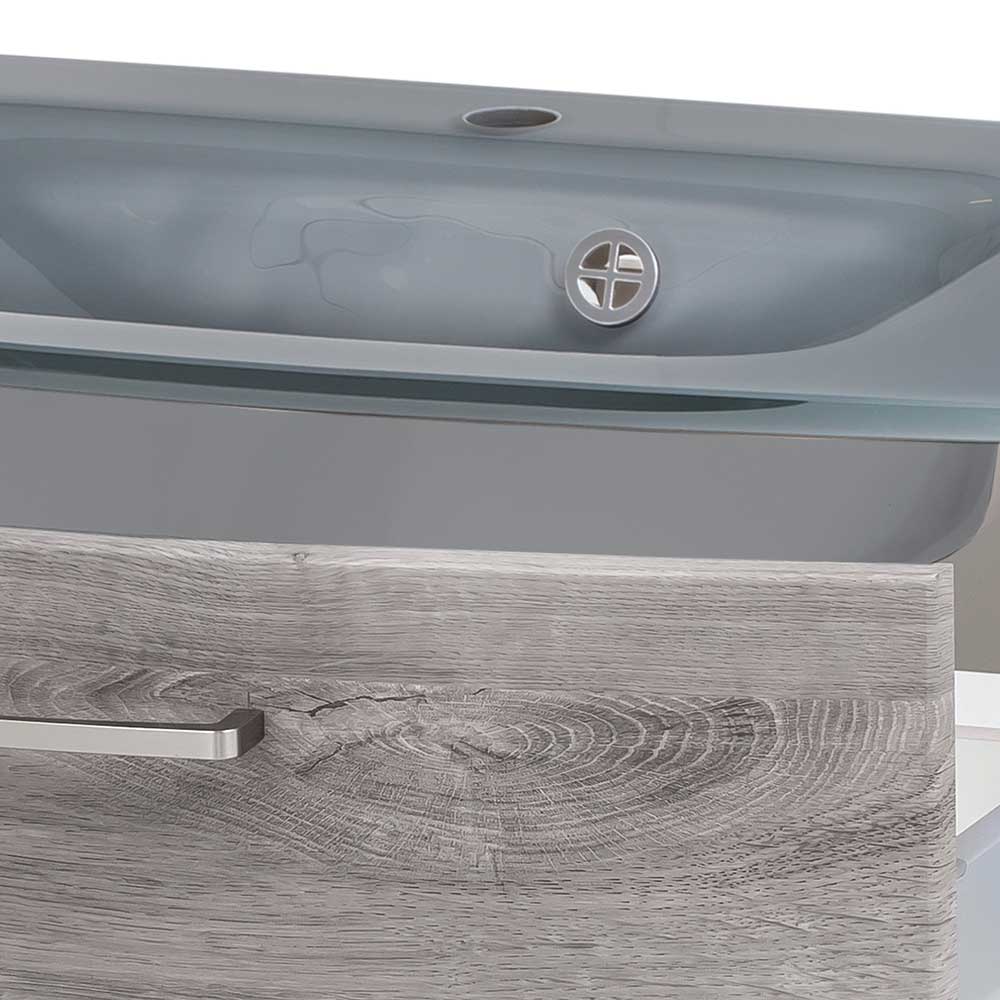 Waschbeckenunterschrank Isdrina in Eiche Grau mit zwei Schubladen