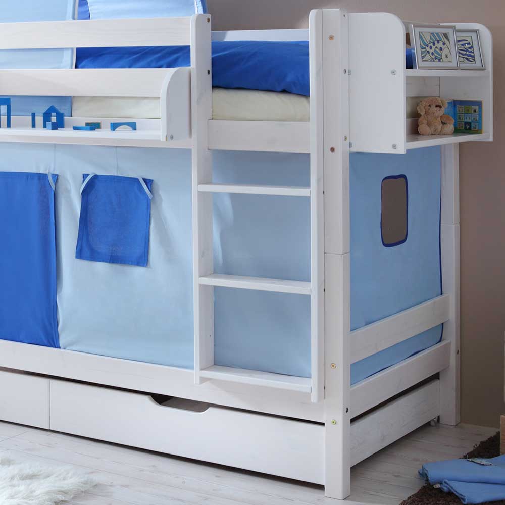 Kinderzimmer Bett Evialla aus Kiefer Massivholz und Webstoff 140 cm hoch