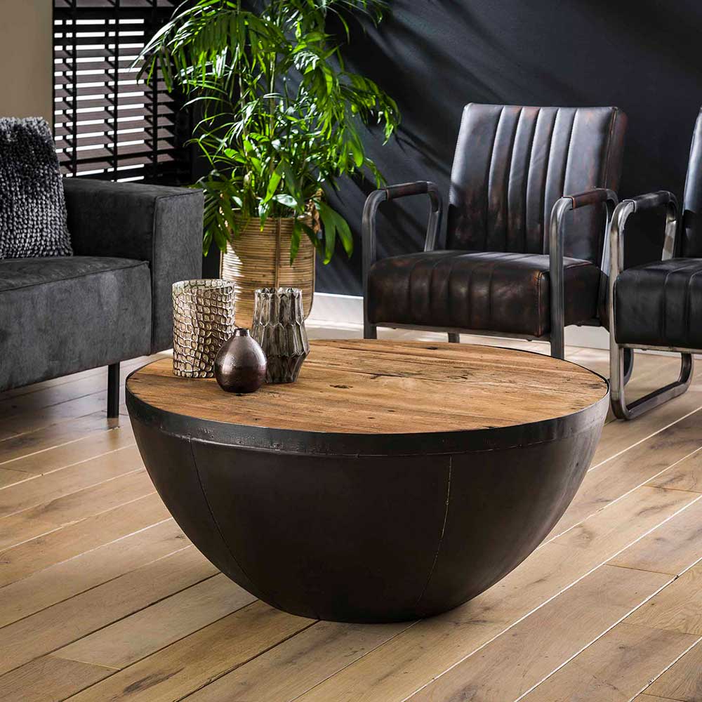 Wohnzimmer Tisch Rajada aus Massivholz und Metall im Industry und Loft Stil