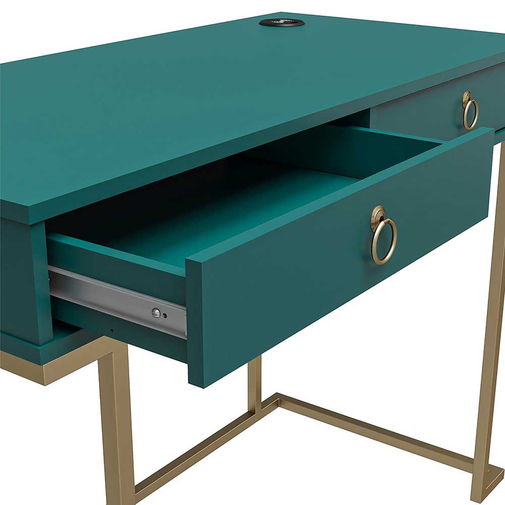 Moderner Schreibtisch Onu in Petrol und Goldfarben mit Bügelgestell