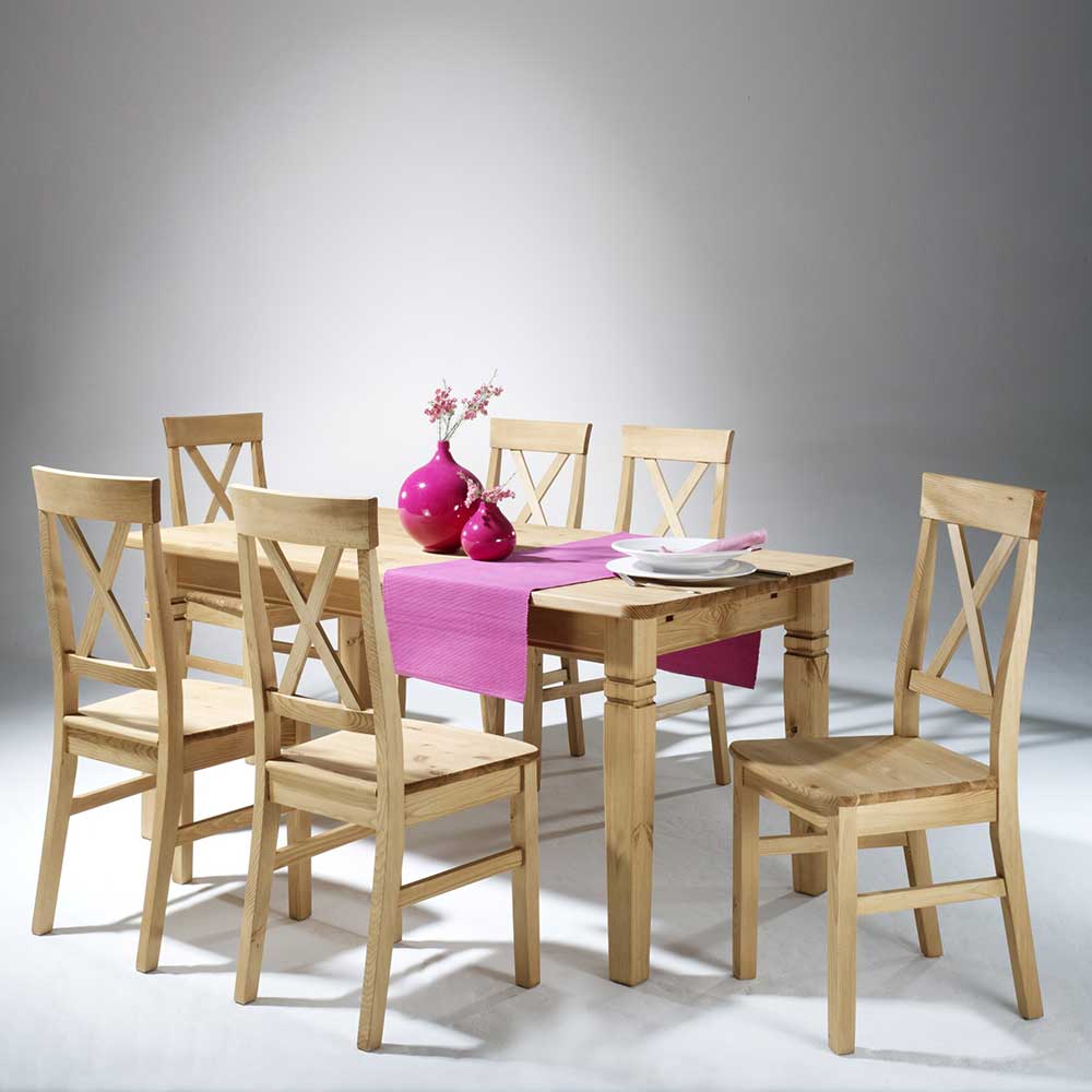Esstisch mit Stühlen Devan aus Kiefer Massivholz Im Landhaus Design (siebenteilig)