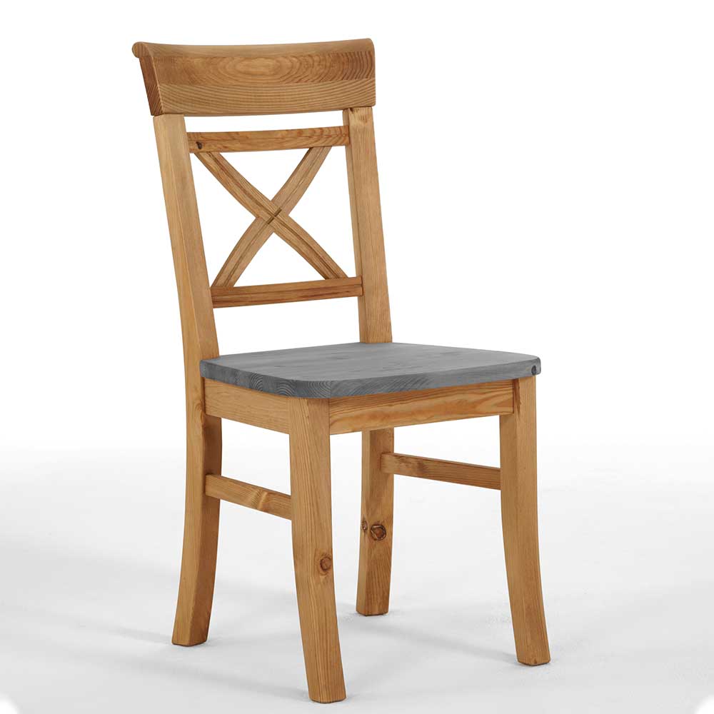 Massivholz Stühle Relkan in Grau und Kieferfarben im Landhausstil (2er Set)