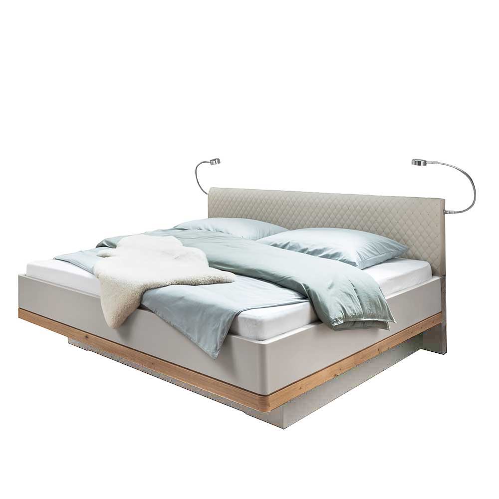 Doppelbett Privira in Beige und Eiche Bianco mit LED Beleuchtung