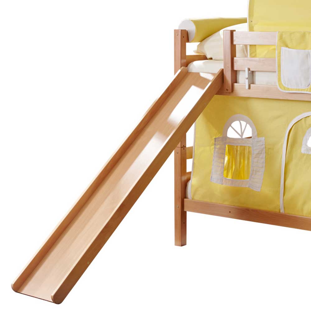 Etagenhochbett Orenci aus Buche Massivholz mit Rutsche und Vorhang in Gelb