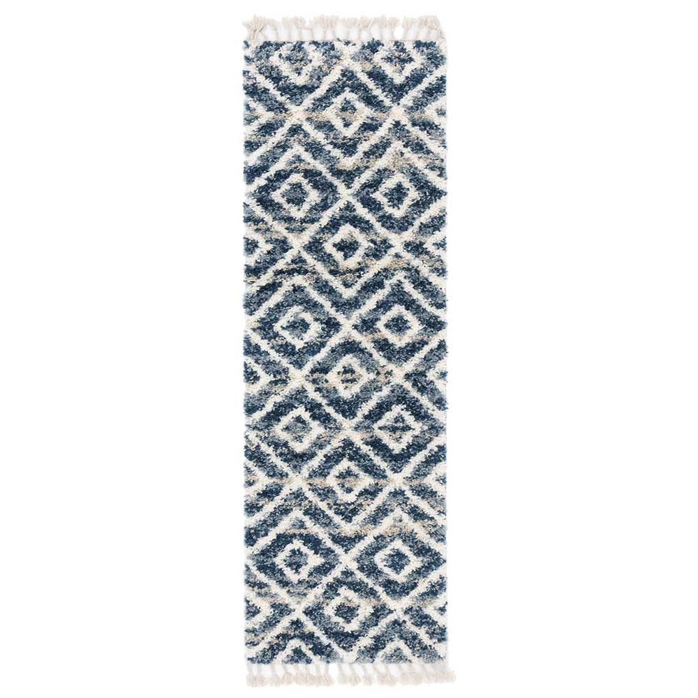 Teppich mit Fransen Martina in Blau und Creme Weiß im Skandi Design