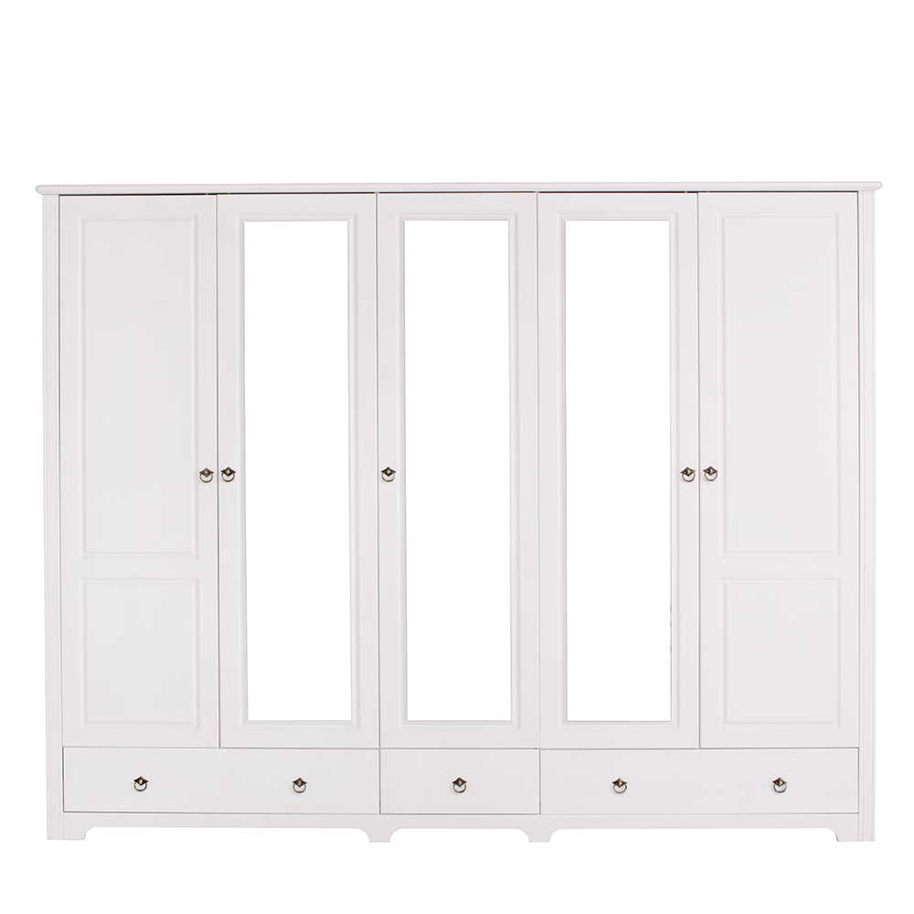 Weißer Landhaus Kleiderschrank Sadanos aus Kiefer Massivholz mit Spiegeltüren