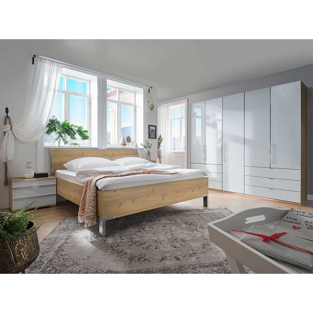 Komplettschlafzimmer Waluva mit XL Schrank in Weiß und Eiche Bianco (vierteilig)