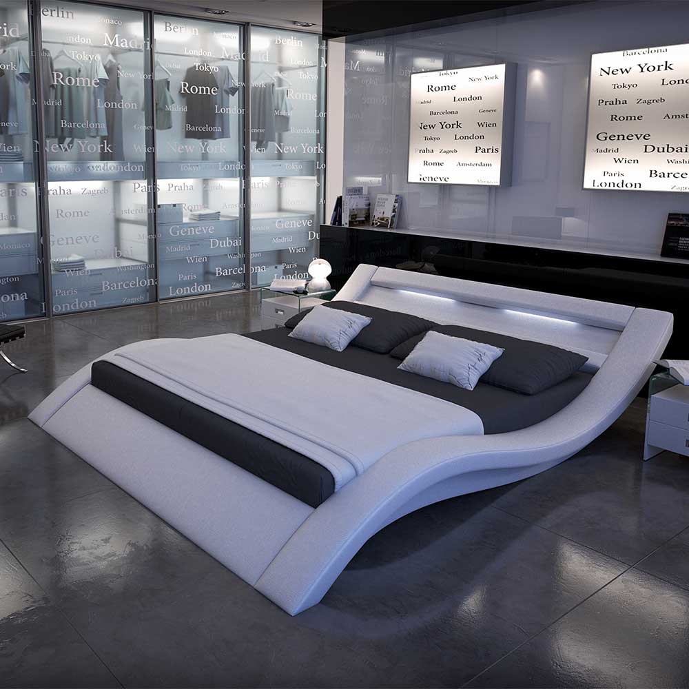 Geschwungenes Design Kunstlederbett Altabetica in Weiß mit LED Beleuchtung