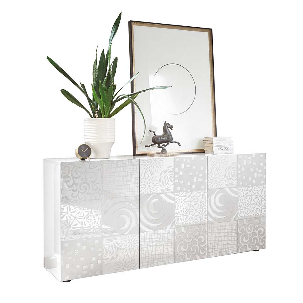 Sideboard Peledrav in Weiß Hochglanz mit floralem Siebdruck verziert