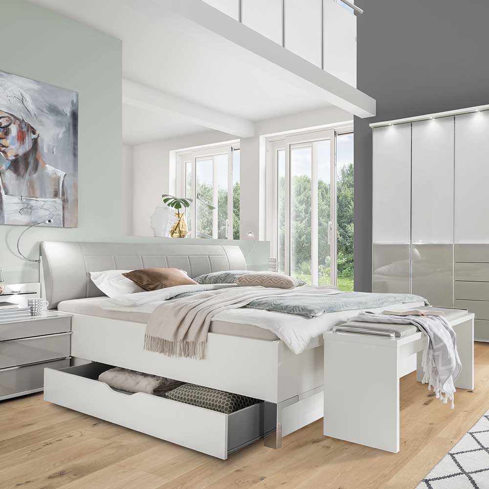 Schlafzimmerkomplettset Xarina in Weiß und Hellgrau mit Doppelbett (fünfteilig)