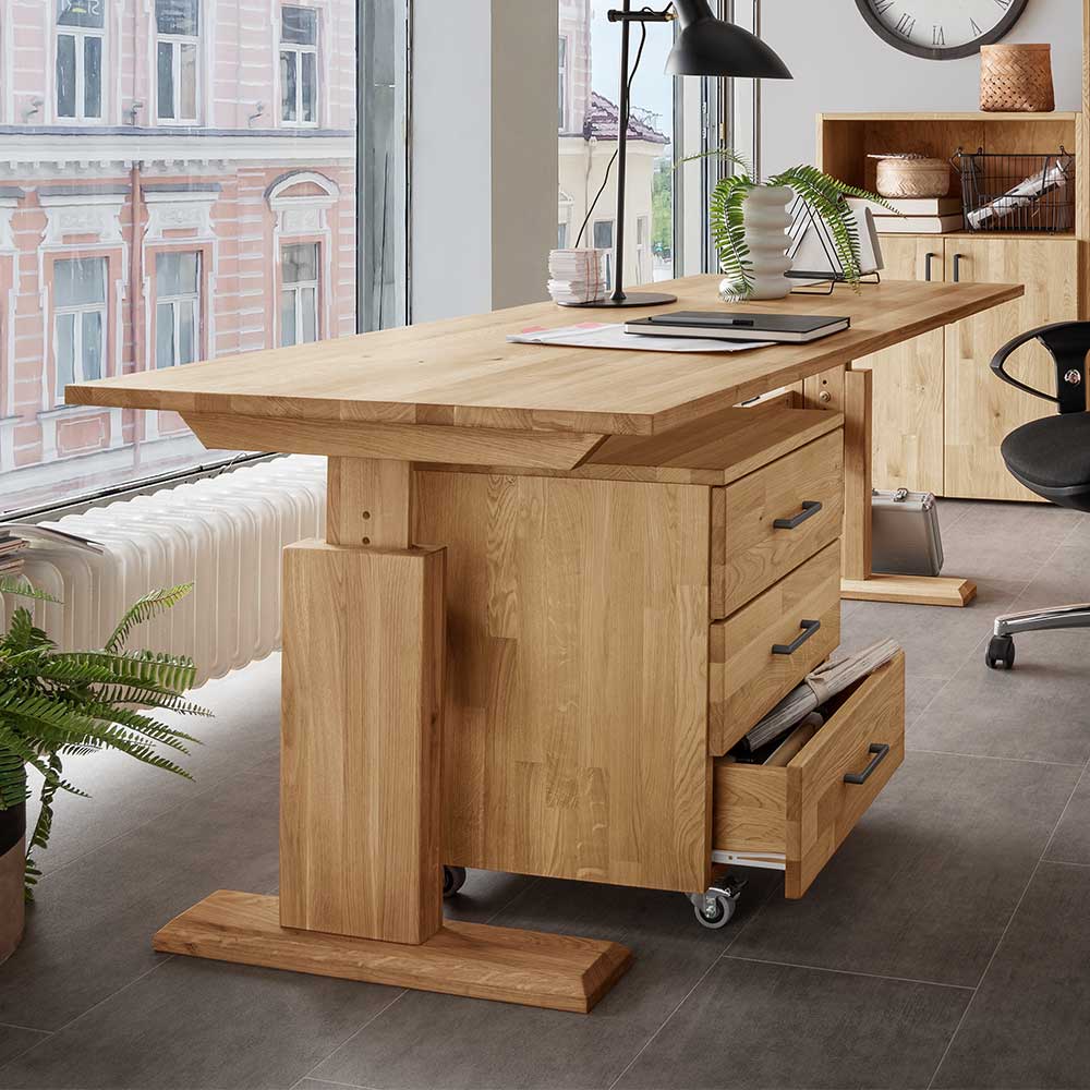 Höhenverstellbarer Schreibtisch Legancas aus Wildeiche Massivholz geölt