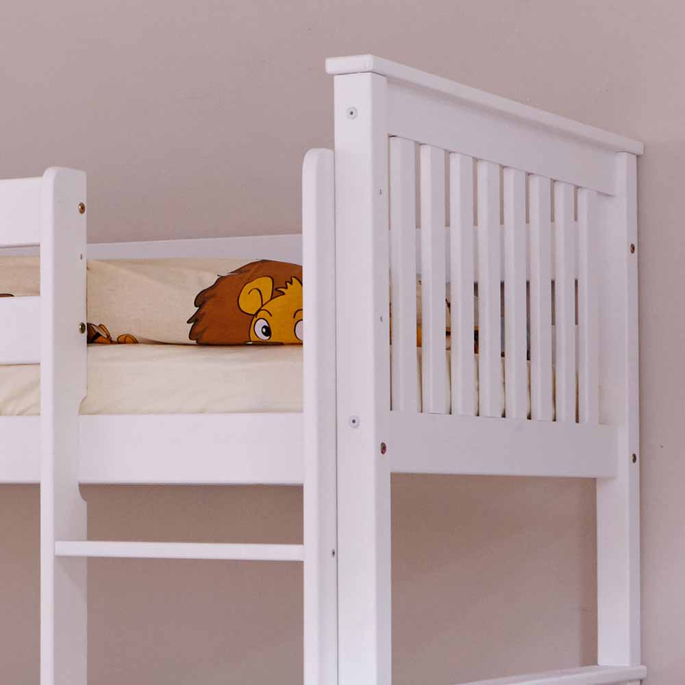 Kinder Etagenbett Atela in Weiß Kiefer massiv mit Bettkasten