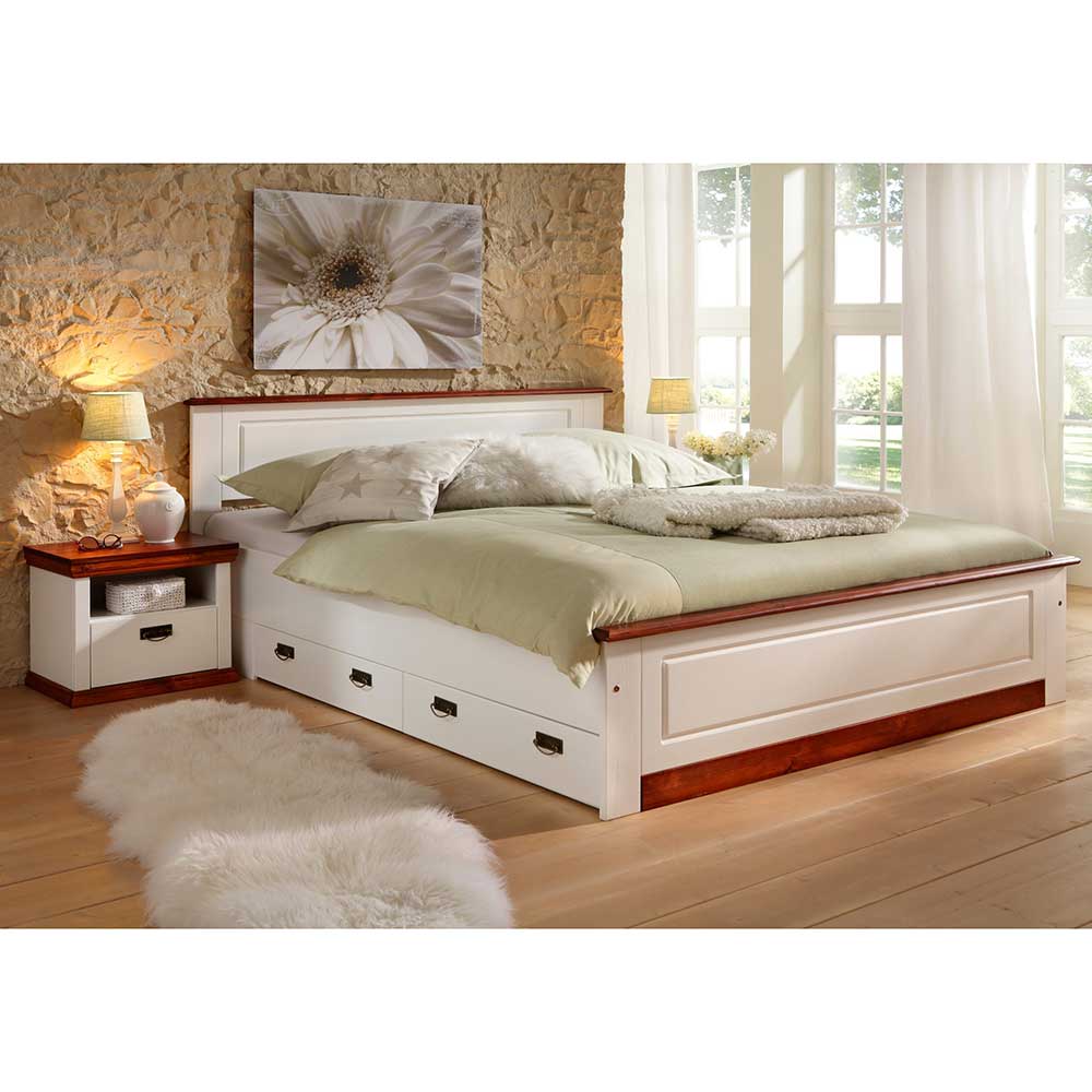 Bettkommode Renemva in Weiß und Kirschbaumfarben