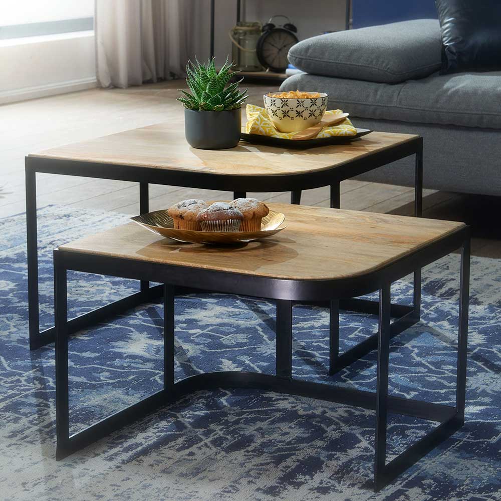 Modernes Sofa Tisch Set Pocidia aus Mangobaum Massivholz und Metall (zweiteilig)