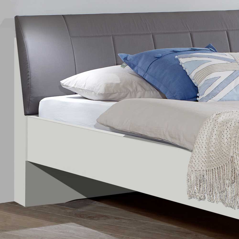Design Bett Nikic in Weiß mit Polsterkopfteil in Grau Braun