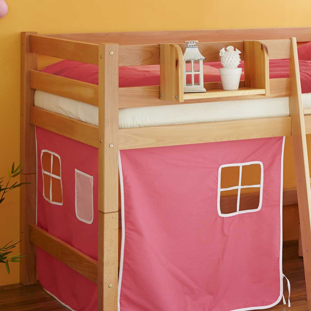 Kinderzimmer Bett Paola aus Buche Massivholz mit Vorhang in Pink