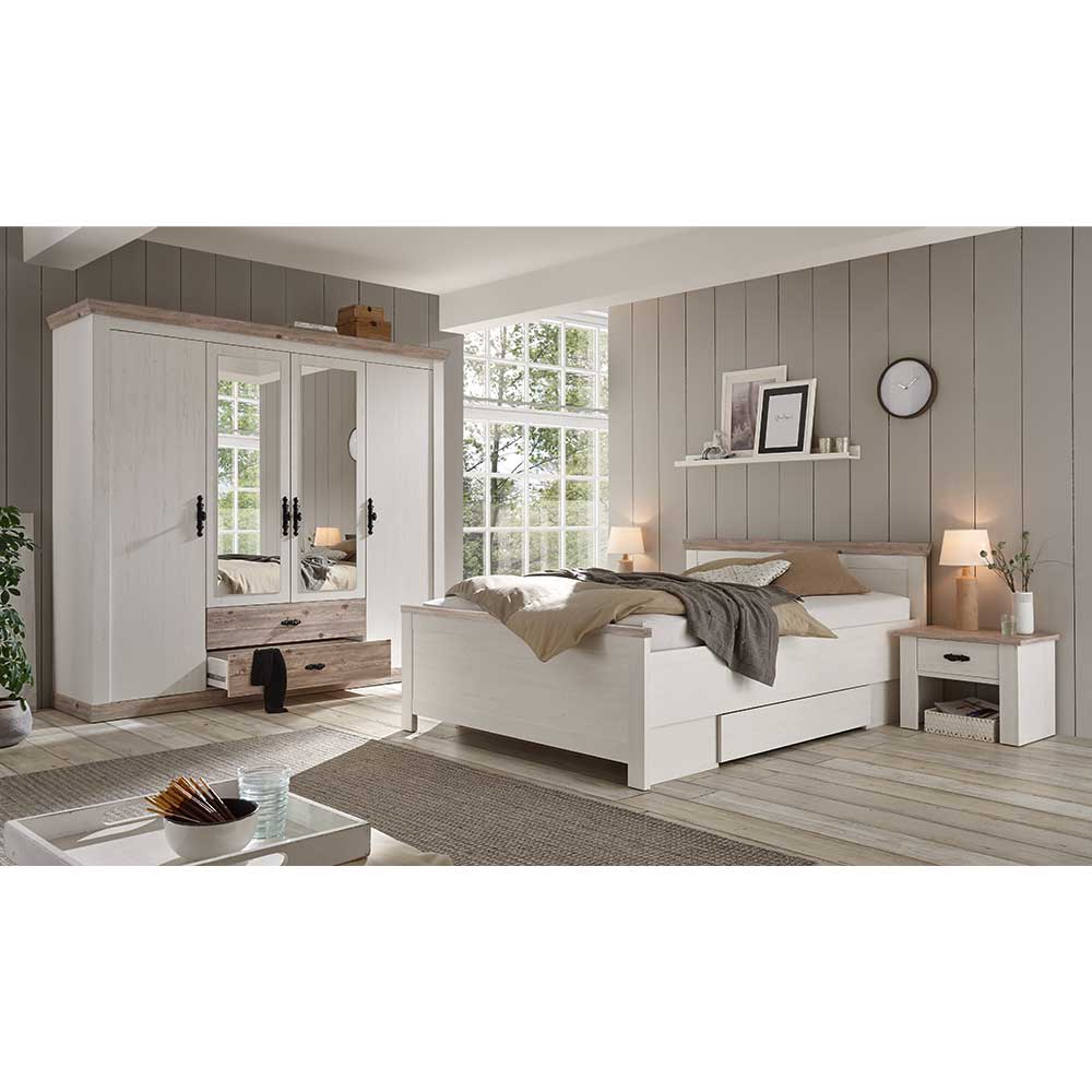 Schlafzimmer Flurencina in Weiß und Pinienfarben mit 140x200 cm Bett (vierteilig)