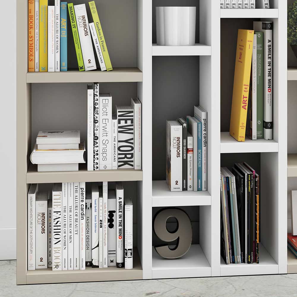 Design Bücherregal Flacono in Weiß und Beige 145 cm breit