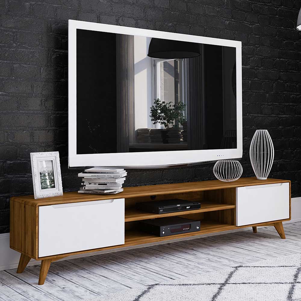 Modernes TV Board Triancova in Weiß und Wildeiche 220 cm breit