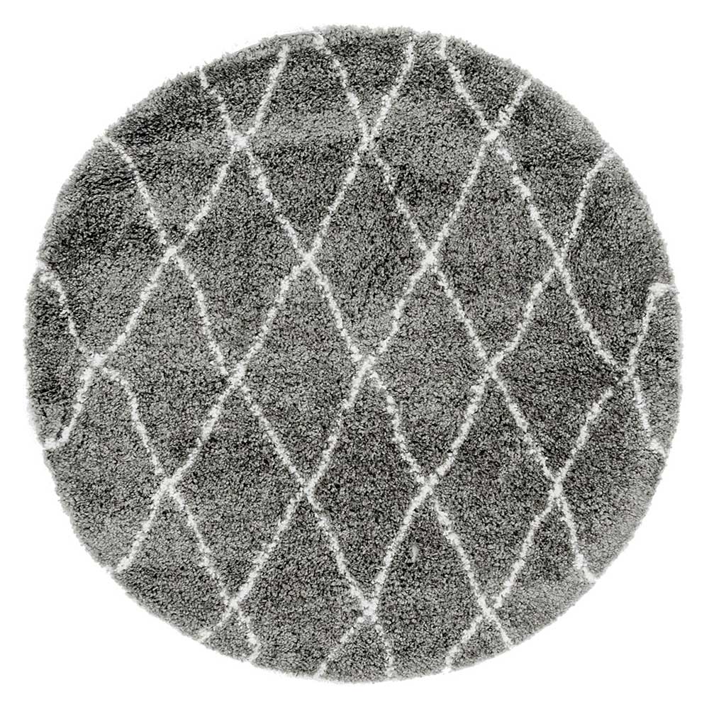 Runder Shaggy Teppich Tanazon in Grau und Cremeweiß im Skandi Design