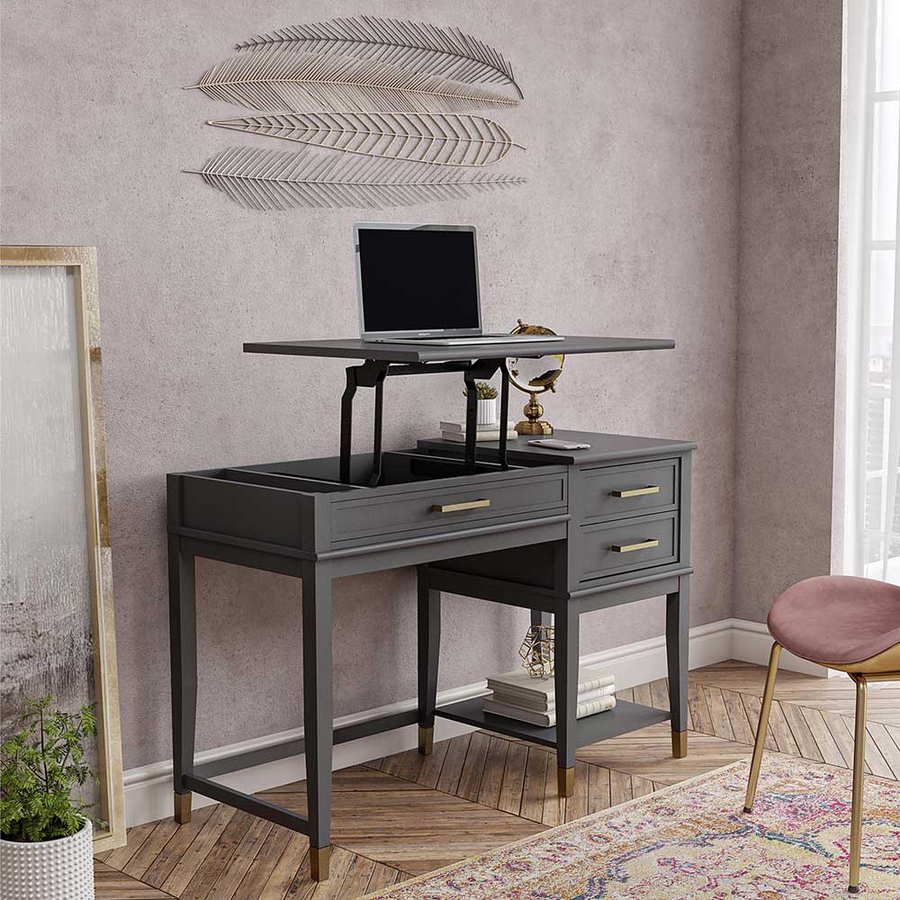 Landhaus Stil Schreibtisch Nathalie in Dunkelgrau mit hochklappbarer Tischplatte