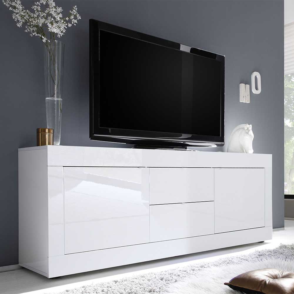 Fernseh Lowboard Deconda in Weiß mit lackiert Hochglanz zwei und Schubladen Türen