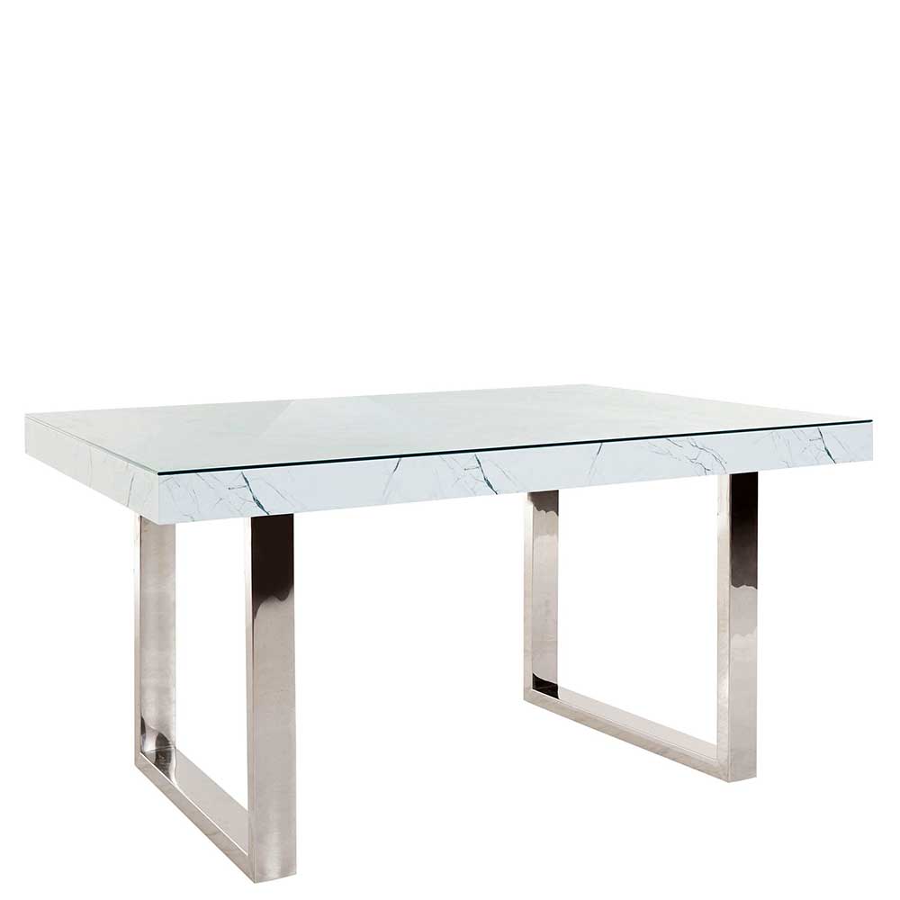 Moderner Esszimmer Tisch Rovico in Marmor Optik Weiß und Chromfarben