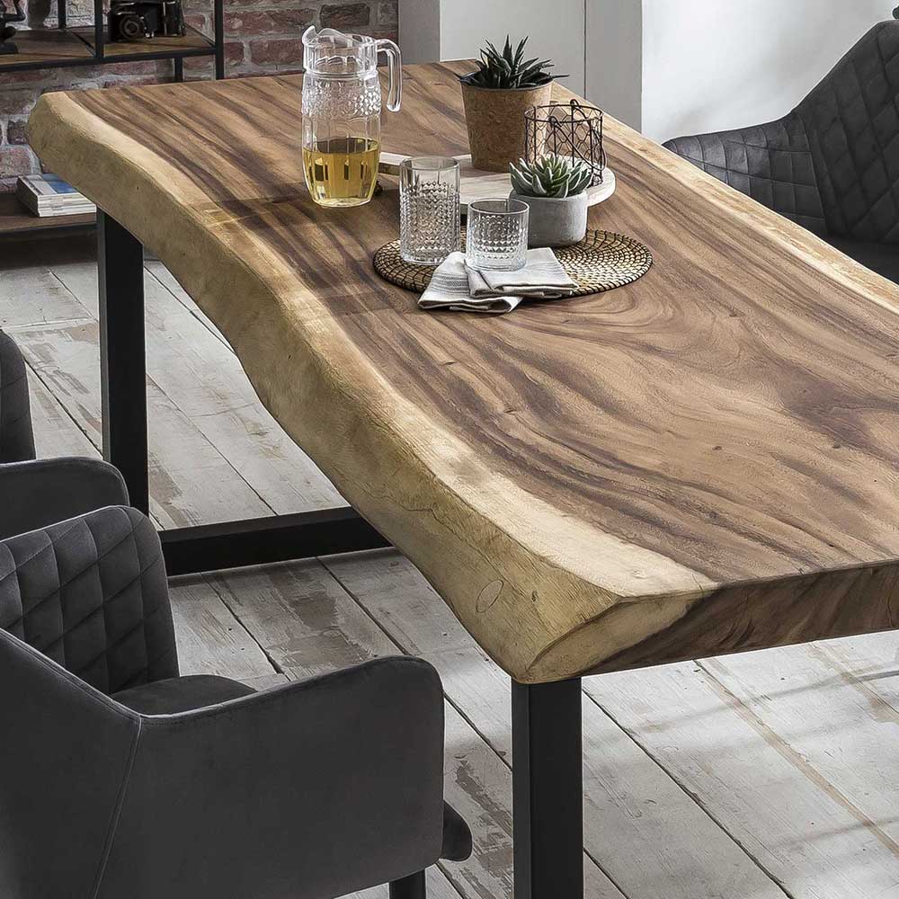Esszimmer Tisch Melramon aus Suar Massivholz und Stahl mit Bügelgestell